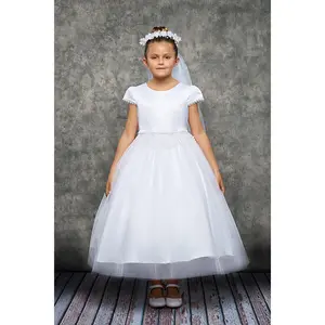 Chandelier Trim Cap Sleeves Satin First Communion Dress 460