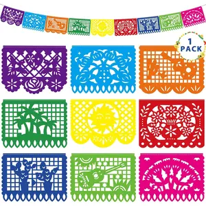 18 FT Cinco De Mayo Party Decorations, 1 Pack Fiesta Banner with 9 Plastic Papel Picado, Colorful Mexican Theme Party Flag Banner Dia De Los Muertos Day of the Dead Hanging Decor Home Party Supplies
