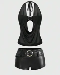 RES Y2K Retro Deep Draped Neck Tank Top | Sexy Backless Street Style Crop Top | Summer Strapless Halter Top | Vintage Aesthetic Clubwear for Women