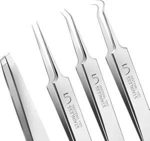 4 Pcs Professional Blackhead Tweezers and Pimple Popper Tool Kit, Stainless Steel Cell Tweezers for Blackhead, Pimple, Whitehead, Ance