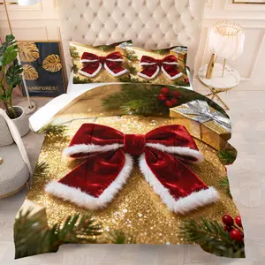 Christmas bow pattern quilt with cotton, includes 1 quilt and 1 or 2 core-free pillowcases, suitable for home or dormitory decoration, very suitable Christmas gift