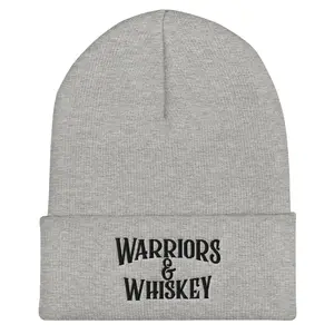 Warriors & Whiskey Cuffed Beanie - Gray Fabric with Text Design, Classic Beanie Style, Comfortable Fit