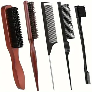 Boar Bristle Hair Brush & Comb Set, 5 Counts/set Hair Styling Tool for Curly & Straight Hair, Heatless Styling Tool for Men & Women