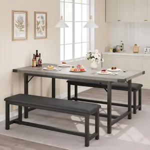 Rectangle Kitchen Table Set: 63" Extendable Dining Table with 2 Upholstered Benches, Ideal for Apartments, Accommodates 4-6, Space-Saving Retro Black Design, Perfect for Small Dining Areas