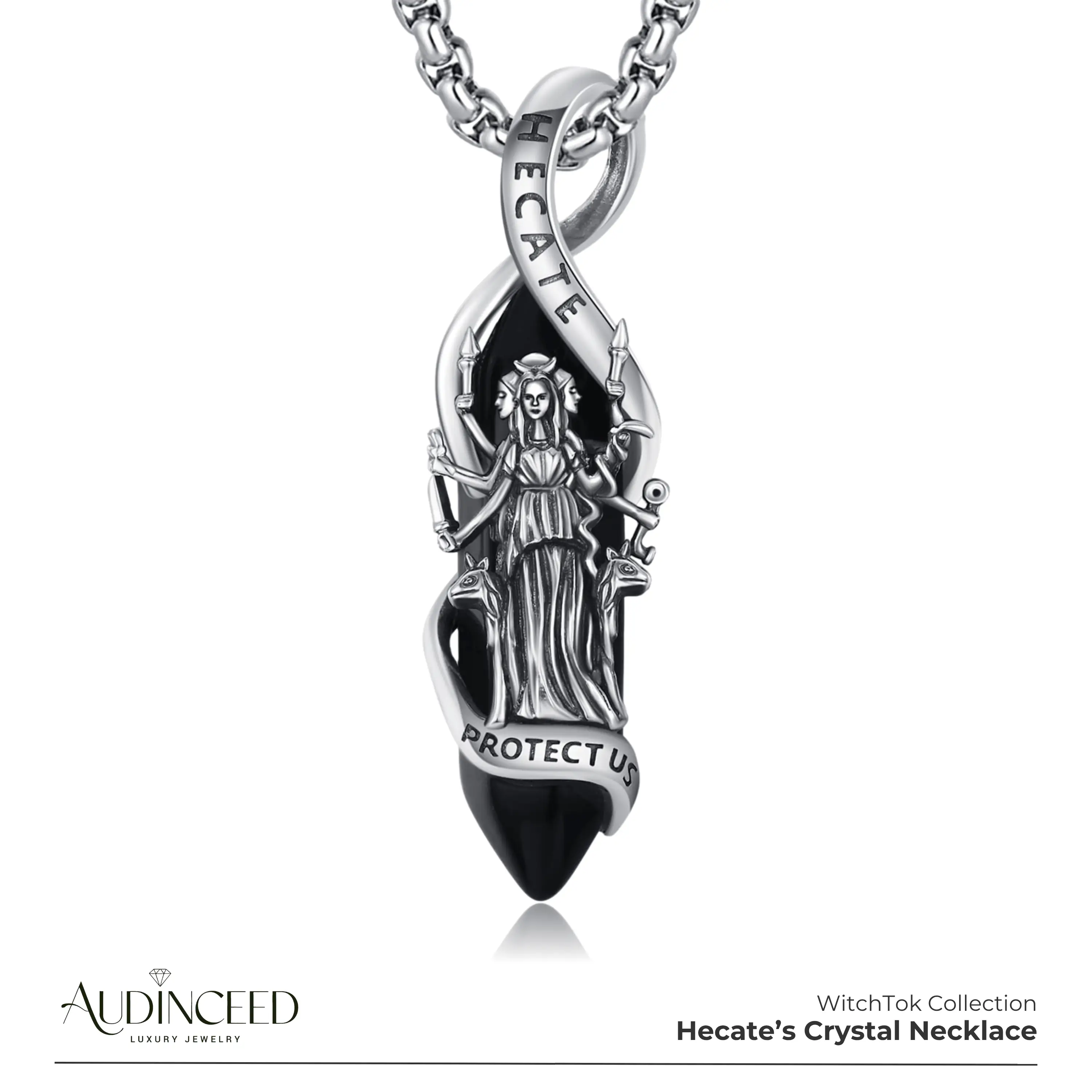 Audinceed Hecate Obsidian Crystal Necklace, S925 Sterling Silver Luxury Hekate Triple Moon Goddess Witch Magic Bruja Spiritual Healing Obsidian Amethy