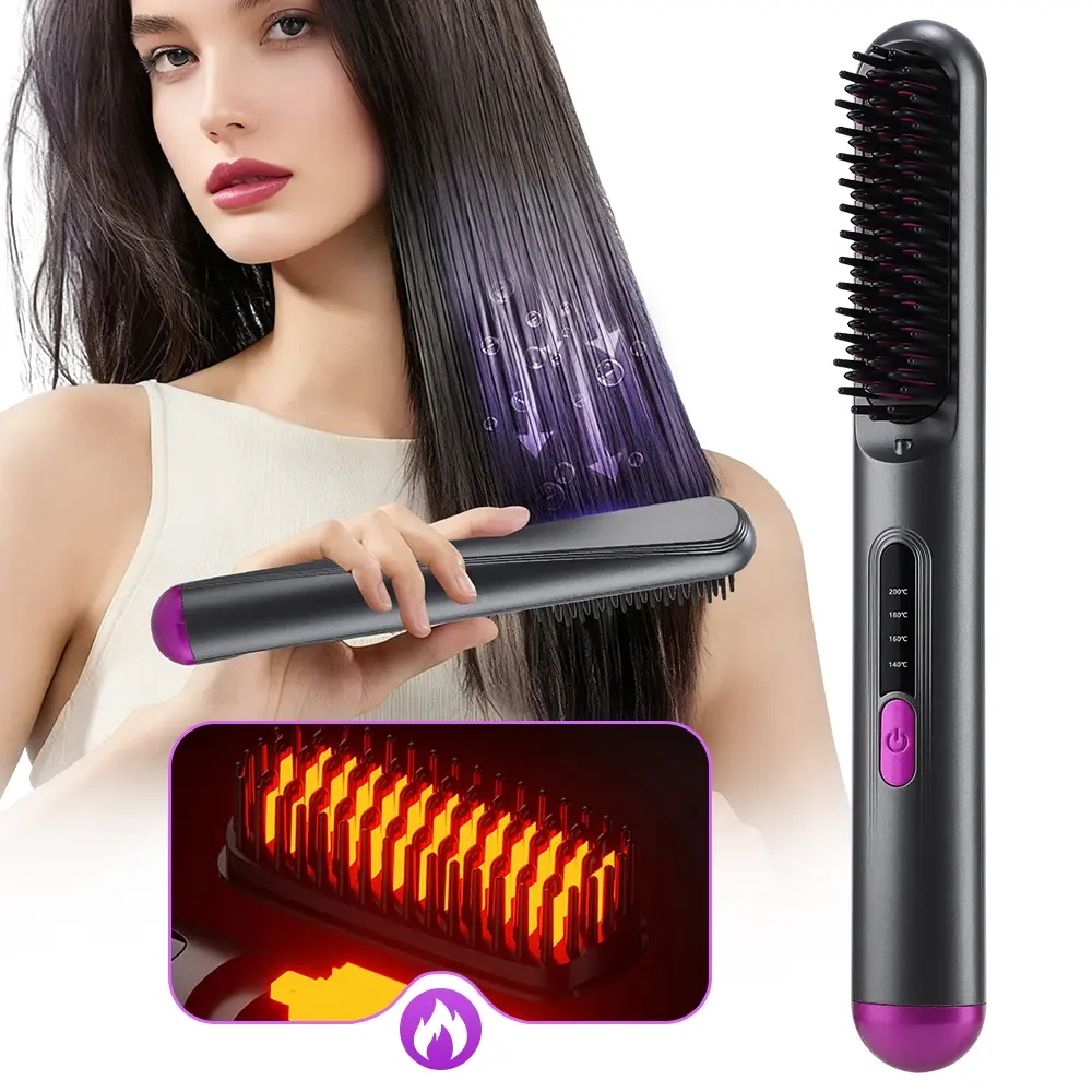 Cordless Hair Straightening Comb, Brush, Wireless Straightener, Anti-Scald 4 Temperature Settings, 30 Mins Automatic Shut-Off, Hair Styling Comb USB Rechargeable