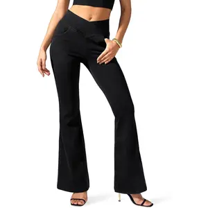 Flare Jeans for Women Crossover High Waisted Bell Bottom Jeans Trendy Stretchy Flare Leggings with Pockets
