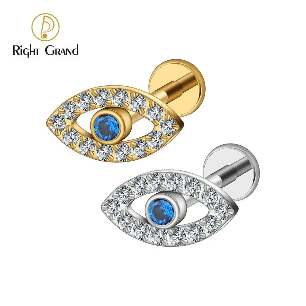Right Grand ASTM F136 Titanium 16G Evil Eye Internally Threaded Labret Stud Cartilage Earring Tragus Helix Flat Back Piercing