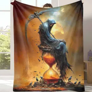 Grim Reaper Flannel Blanket, Macabre Hourglass & Raven Print, UltraSoft Cozy Warm, Lightweight & Durable, Perfect for Halloween Decoration, Gothic Home Decor, Spooky Season Gift, or Dark Fantasy Enthusiasts.