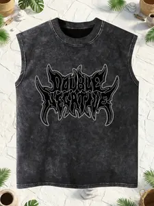 "Double Negative" Death Metal Font Acid Wash Tank Top - Gothic Streetwear Sleeveless Top