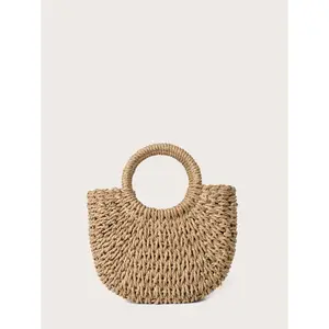 Round Top Handle Straw Bag For Women Woven Summer Bag Large Capacity Tote Bag For Half-Round Woven Straw Bag