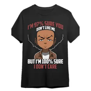 Unisex Sarcastic Boondocks Graphic Tee, Huey Freeman I'm 97% Sure You Don't Like Me Print T-Shirt, Retro Streetwear Casual Top, Soft Breathable Cotton, Loose Fit for Daily Wear, Street Style, Funny Meme Shirt for Men Women
