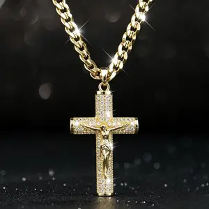 14K Gold Plated Cuban Link Cross Necklace Jesus Crucifix Pendant  Handmade Polished Electroplated Unisex Street Hip Hop Religious Faith Ornament   Perfect  Gift For Family,Exquisite packaging, an excellent choice for giving as a gift herringbone stainless