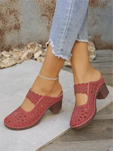 Women's Retro Hollow-out Closed Toe Mules | Mid Heel Slip-on Sandals | Breathable Cut-out Slippers for Casual Outdoor Wear