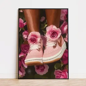 Melanin Sneaker Muse Unframed – Stylish Black Girl Sneaker Art Print, Frameless Fashion Poster, Pink Vibe Decor