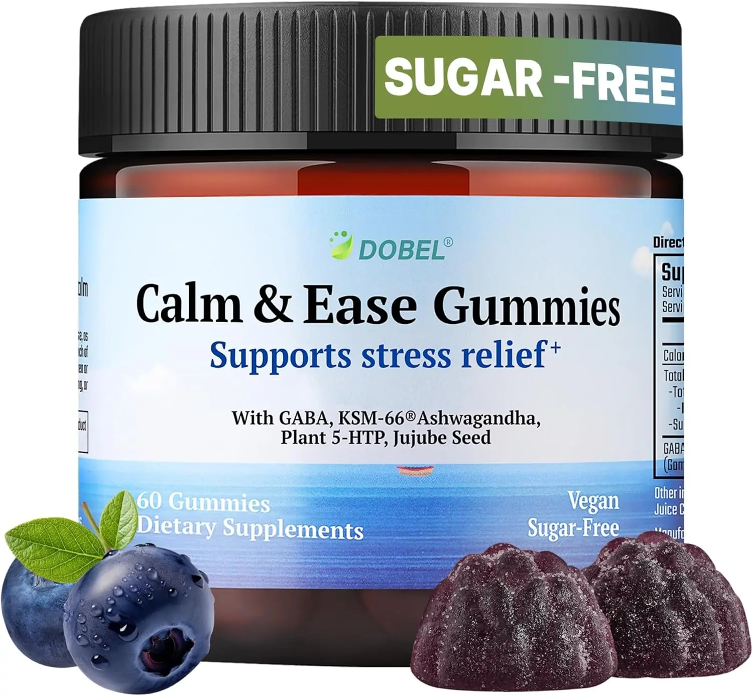 Dobel - Calm & Sleep Gummies for Adults | Calming Gummies with GABA, 5-HTP & Ashwagandha KSM-66, Sugar-Free, Vegan Bedtime Wind-Down Support, Natural Blueberry Flavor - 60 Count
