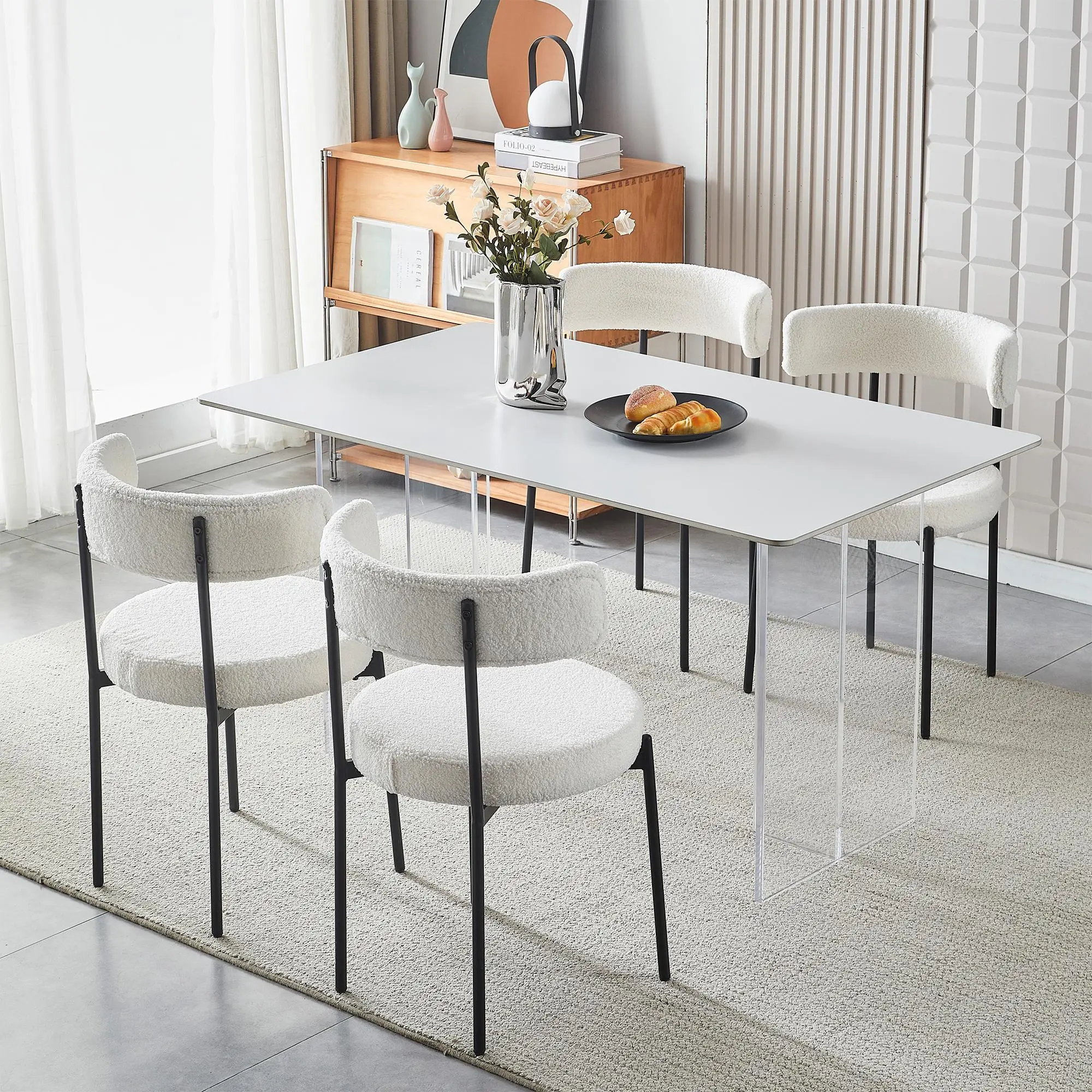 Dining Chairs set of 4,Modern Dining Chairs,kitchen chairs,curved backest round upholstered boucle dining room chair with black metal legs , contempor