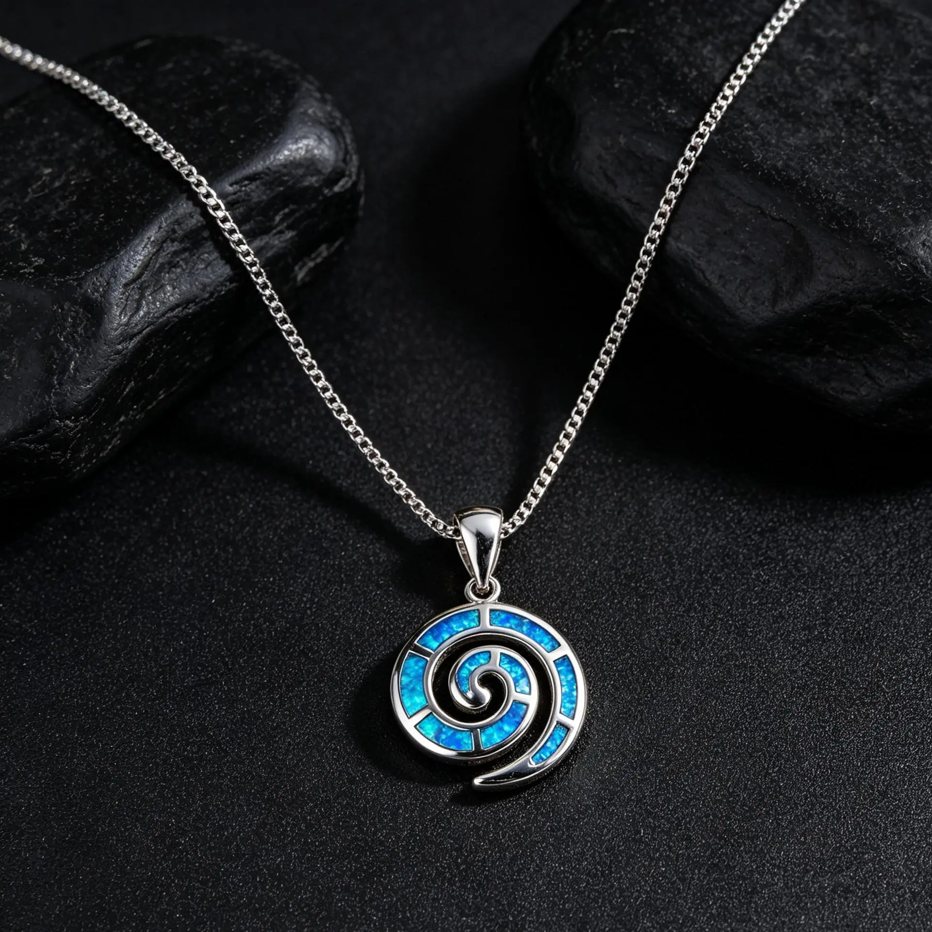 Women's Sacred Spiral Pendant Necklace - Lab-Created Blue Opal Inlaid, Platinum-Plated Copper Box Chain, Hypoallergenic Minimalist Costume Jewelry for Daily Wear