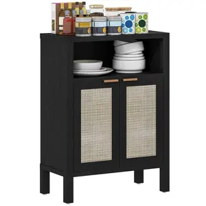 Distressed Black Sideboard Buffet Cabinet with Rattan Doors, Golden Handles, Adjustable Shelf - Chic Farmhouse, Classic, Compact, Cottage Style, Distressed Vintage Sideboards for Coffee Bar, Chic Farmhouse Sideboards
