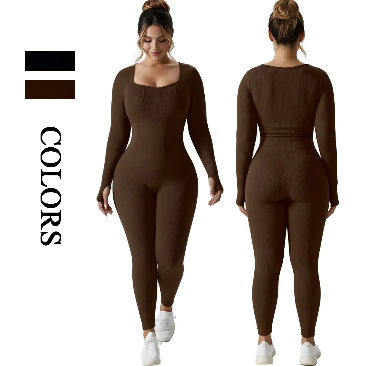 Long Sleeve Jumpsuit Square Neck for Women Built-In Bra Workout Yoga Full Body Suits Shapewear One Piece Bodycon Jumpsuits with Ribbed Stretchy Fabric and Tummy Control
