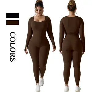 Long Sleeve Jumpsuit Square Neck for Women Built-In Bra Workout Yoga Full Body Suits Shapewear One Piece Bodycon Jumpsuits with Ribbed Stretchy Fabric and Tummy Control