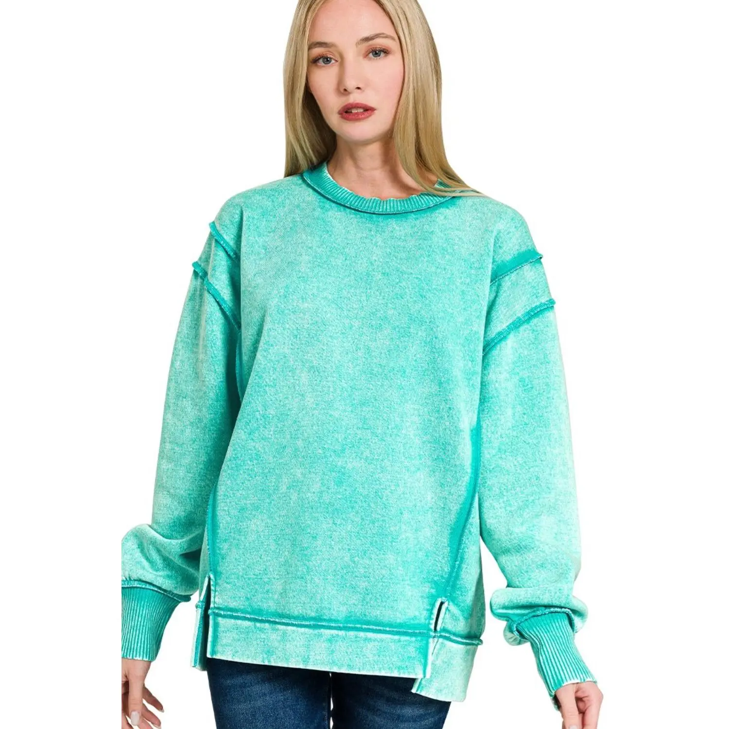 Zenana Acid Wash Exposed-seam Fleece Sweatshirt