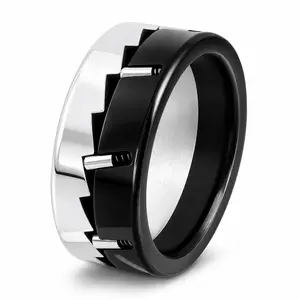 Men’s Clicker Fidget Ring, Stainless Steel Haptic Spinner Ring, Black Silver Mechanical Rotating Ring, 9mm Wide Band Jewelry Gift
