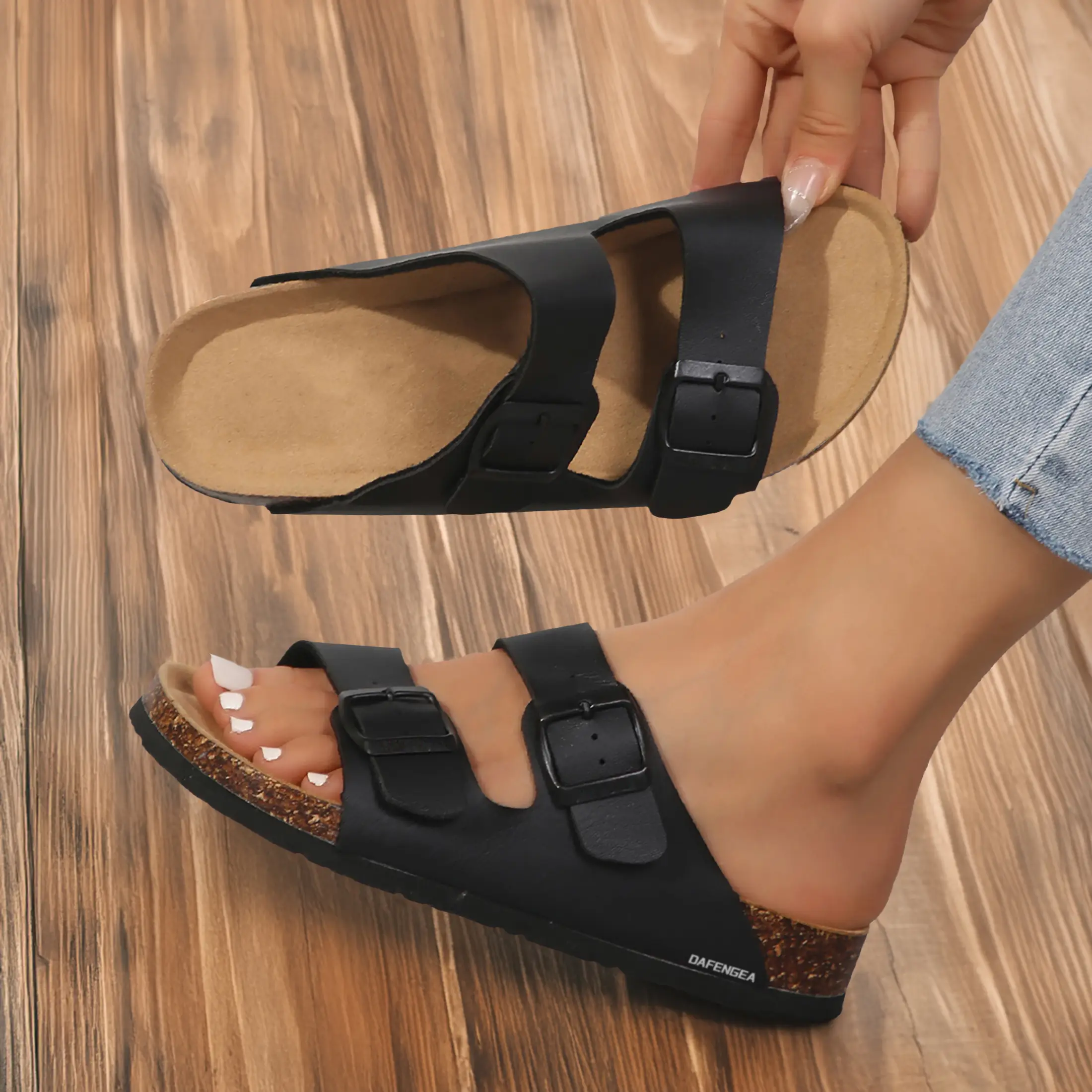 Women's Cork Footbed Slides Open Toe Adjustable Buckled Slip on Slippers Softy Flat Sandals