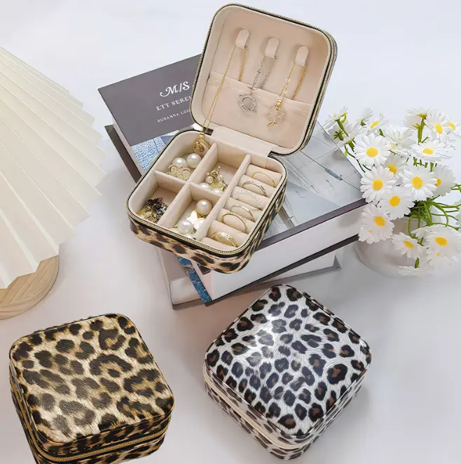 Women's 2-Pack Leopard Print Leather & Velvet Travel Jewelry Box, Mini Laser-Engraved Organizer, Portable Compact Storage Holder for Rings & Earrings, Ideal Wedding Gifts