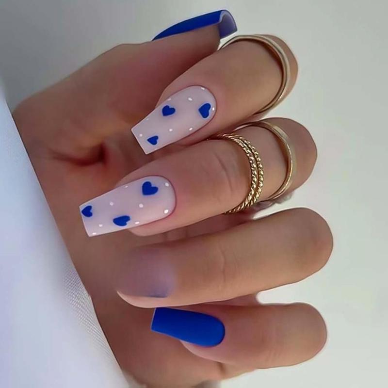 Long Artificial Nails Coffin Press on Nails with Hearts Design Blue Nails Matte Full Cover Nails for Women 24 PCs/Set
