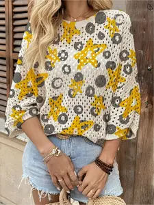 Spring & summer Bohemian Casual knit top, round neck, hollow-out batwing sleeves, loose fit. Contrast star print, lightweight. Great for daily, commute, vacation & beach bikini cover-up.