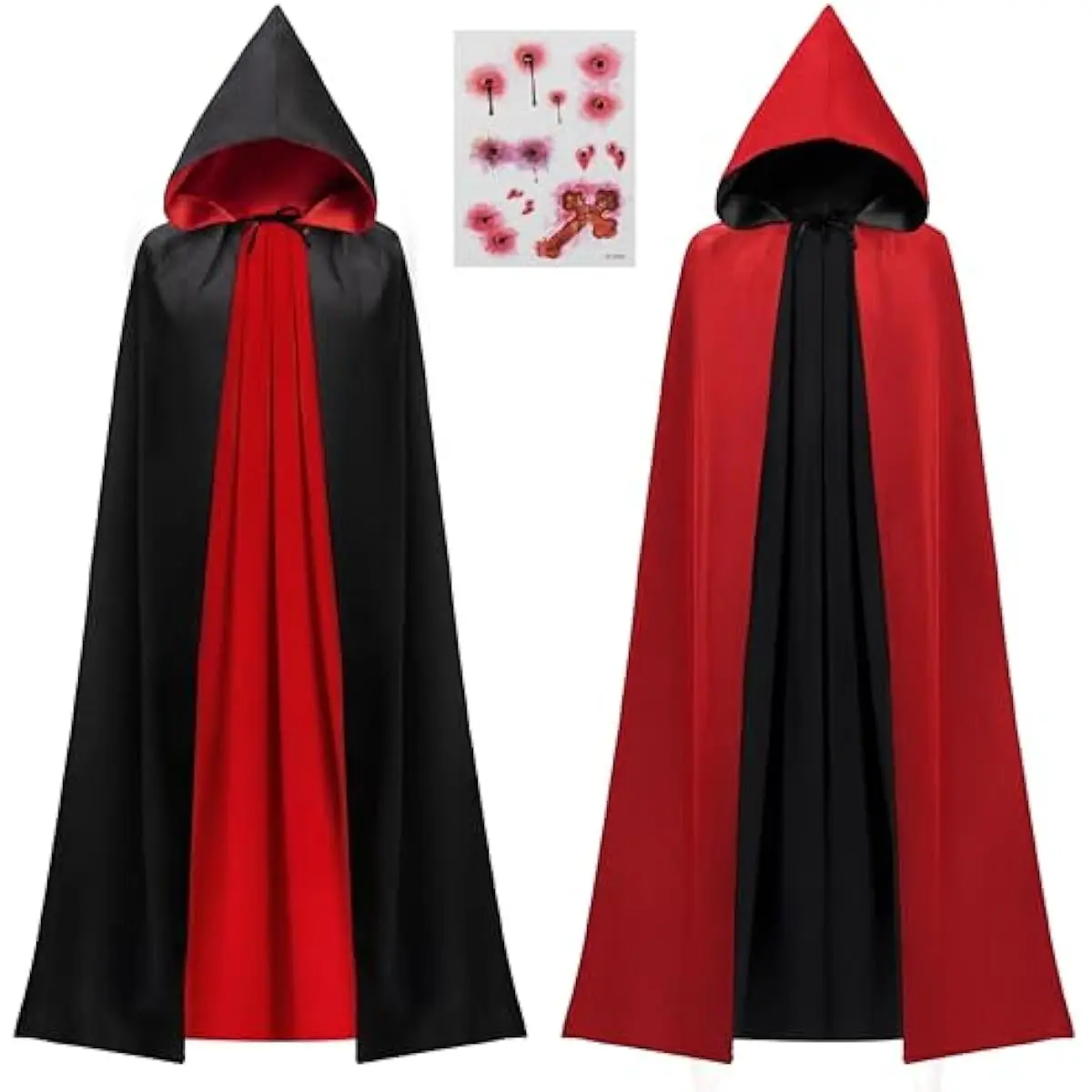 Adult Unisex Vampire Costume Accessories Halloween Vampire Cape with Reversible Hooded Cape Cloak and Tattoo Scar