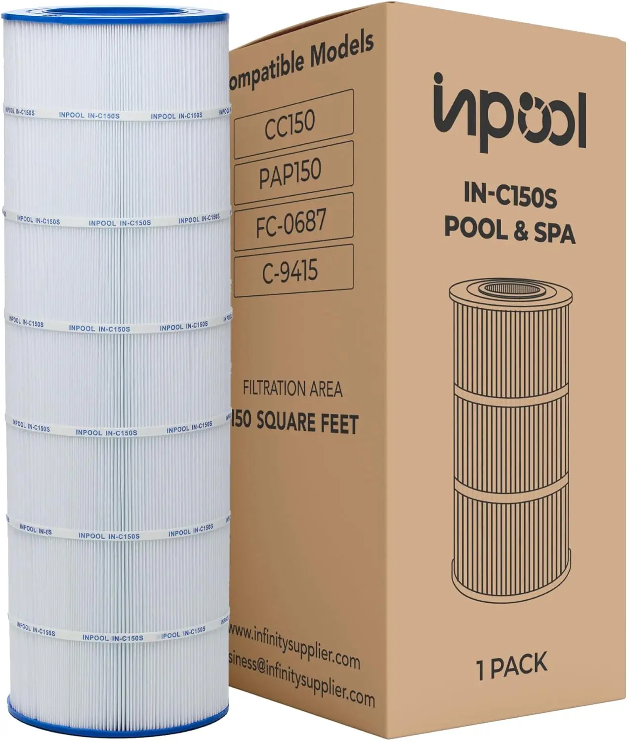 IN-C150S – Pool Filter and spa Filter Cartridge, Compatible with Pentair CC150, Pleatco PAP150, Filbur FC-0687, Unicel C-9415, Ultral-C4, 150 Square feet for inground Pools,1 Pack