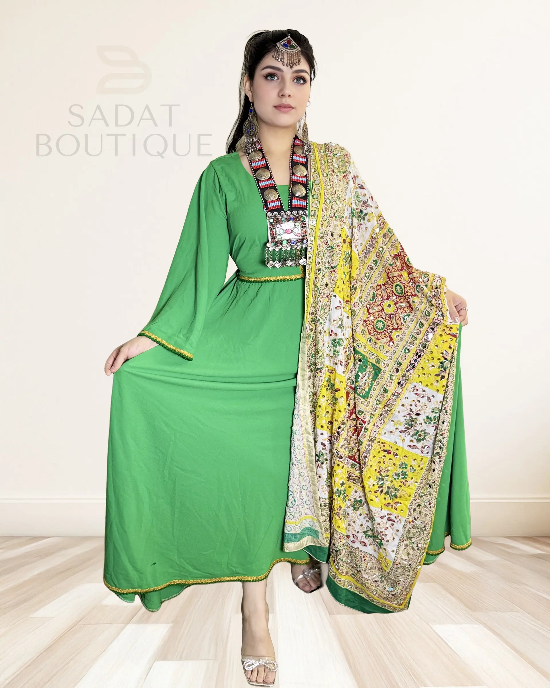 Elegant Green Flow Dress – Afghan Heritage with Vibrant Dupatta