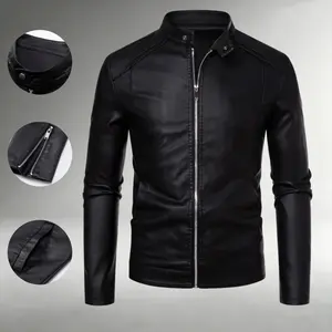 Single-piece men’s stand-collar motorcycle-style PU leather jacket for autumn/winter, smooth wear and abrasion-resistant faux leather fabric, slim short length with zipper design, versatile leather outerwear for commuting and motorcycle travel.