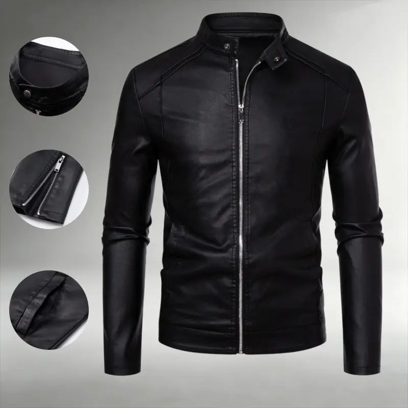 Men's Biker Stand-Collar Leather Jacket, Short Slim Fit with Zipper Closure, Autumn Winter Outerwear for Commuting & Motorcycle Travel, Sohochic