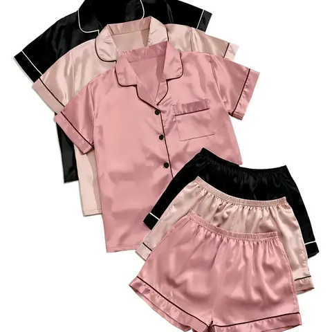 Women's Solid Satin Pyjama Set, Short Sleeve Button Front Lapel Shirt & Contrast Binding Shorts PJ Set, Summer Sleepwear Set, Loungewear, Pajamas, Silky Satin Pajama
