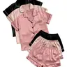 Women's Solid Satin Pyjama Set, Short Sleeve Button Front Lapel Shirt & Contrast Binding Shorts PJ Set, Summer Sleepwear Set, Loungewear, Pajamas, Silky Satin Pajama