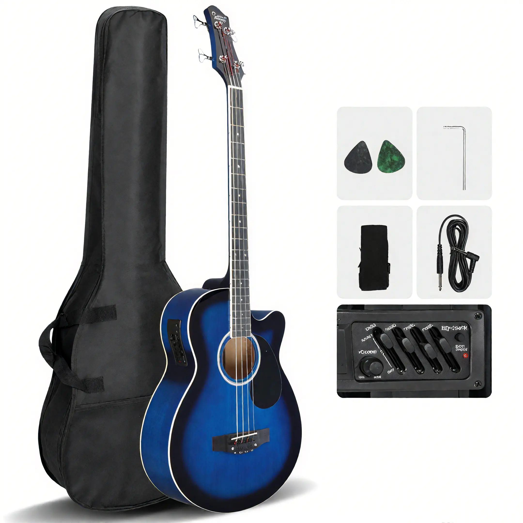 High Quality Durable 38in Blue Right-Handed Folk Acoustic Guitar Set for Beginners - Adjustable Guitar Strap, Rosewood & Maple Components, Gig Bag, 2 Pickguards, Pick Holder, Extra Strings, Electronic Tuner, Pitch Pipe, Picks, Crystal-Clear Sound, Folk Gu