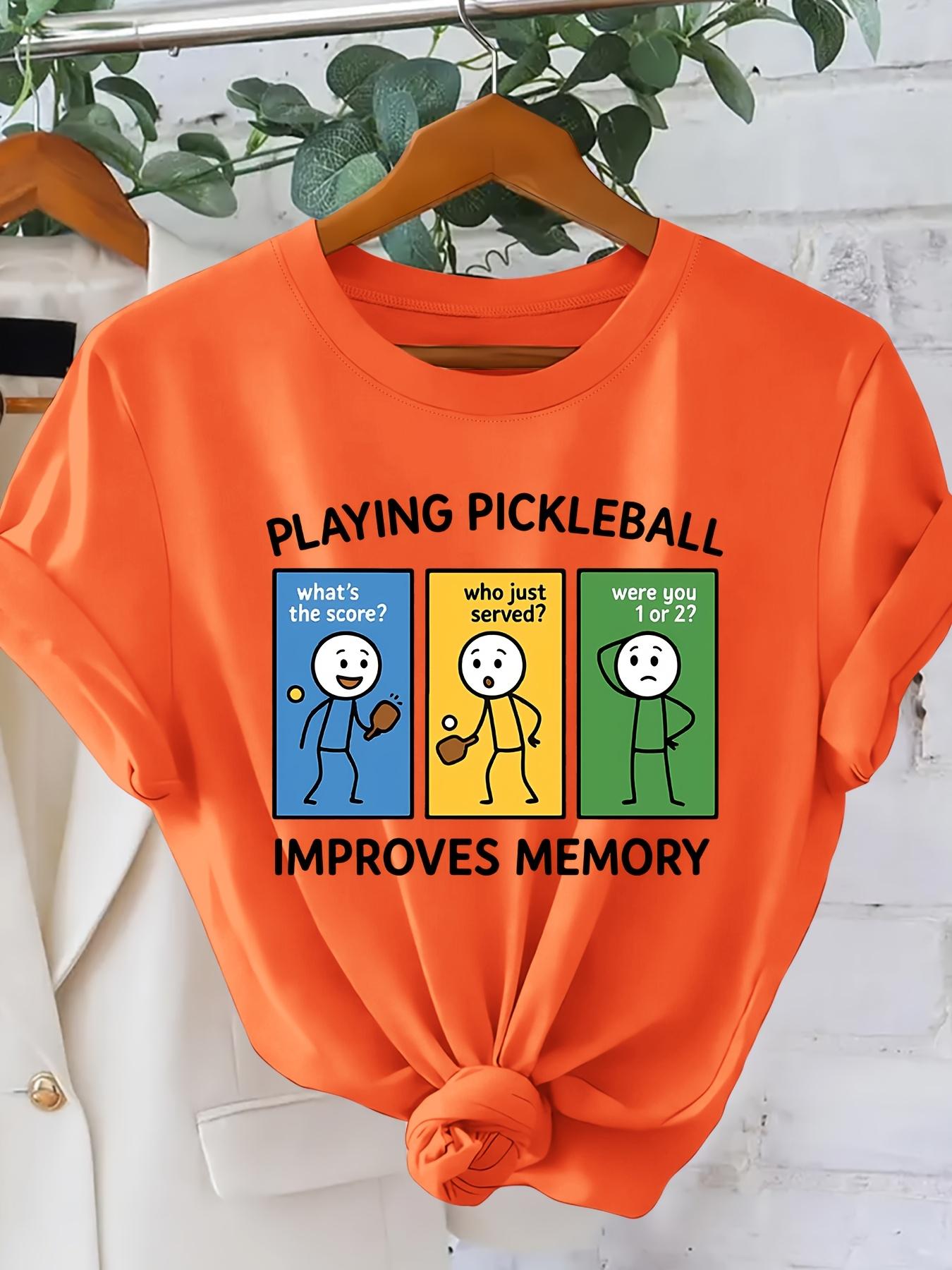 PLAYING PICKLEBALL Fun Cartoon Character Print Fashionable Vintage Style Women's Short Sleeve T-Shirt, Spring/Summer Daily Commute Casual Versatile Elegant Women's Apparel, Sporty Trendy Versatile Design, Simple Round Neck Comfortable Breathable Top,