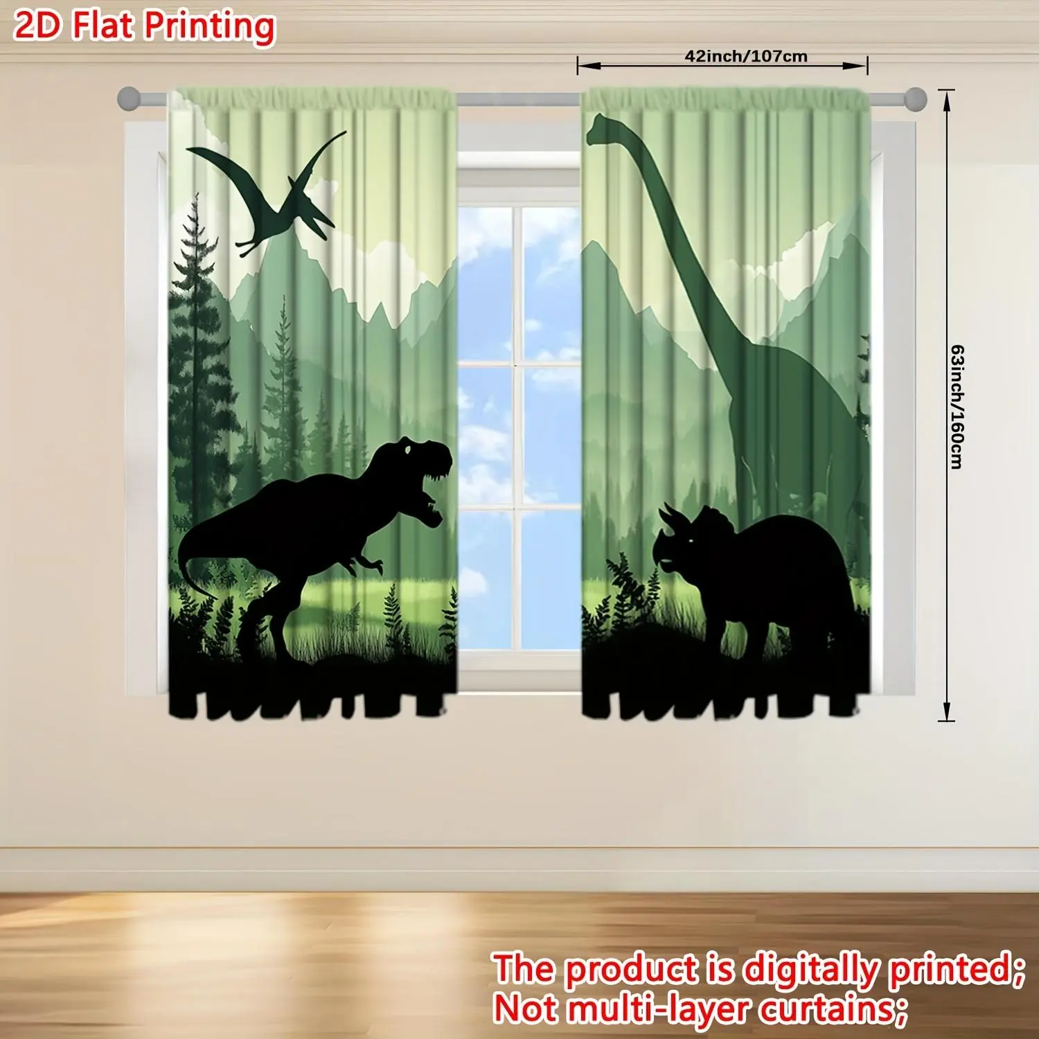 2-Piece Dinosaur Silhouette Curtains with Rod Holes - Open 2D Plane Print, Green Sheer Fabric, Suitable for Bedroom & Living Room Home Decoration; Snowman Winter Scene Window Valance Roman Blinds door beads