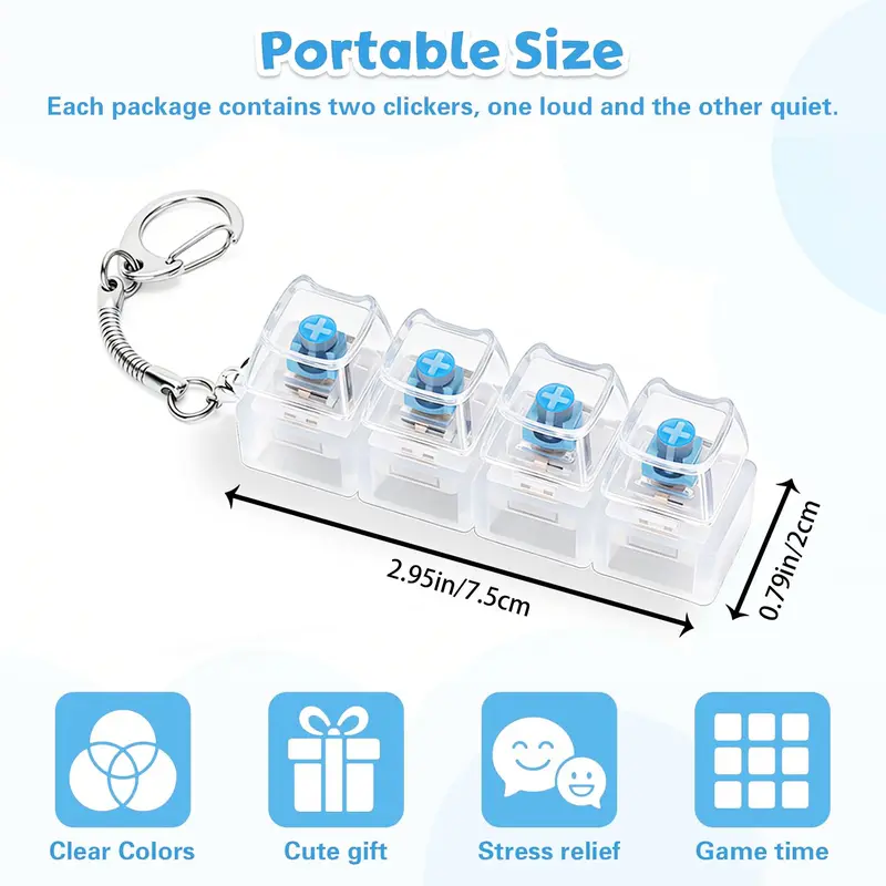 4 Pack Mechanical Keyboard KeychainDecorations with LED Glowing Lights, StressRelief Fingertip Clicker with TransparentCrystal Keycaps, Fingertip Fidget Toys andFun Pendant for Boys, Girls and Adults, NewYear's Day Gifts, Valentine's Day Gifts