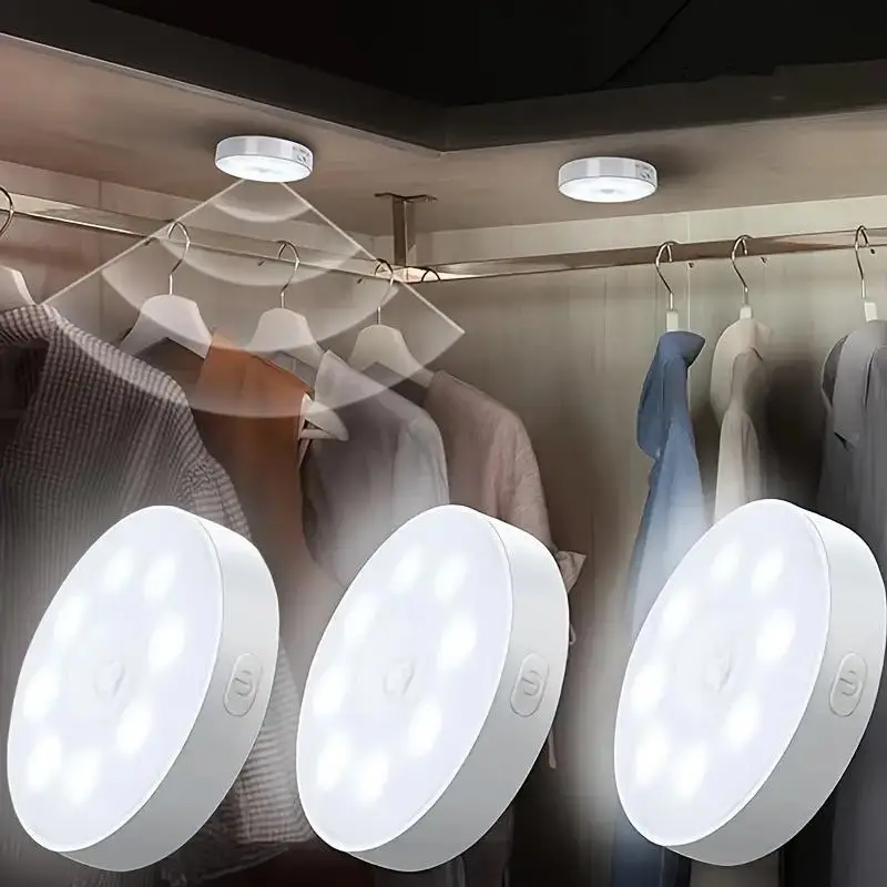 Motion-Sensor LED Light, USB Rechargeable Round LED Light, Dimmable Night Light for Bathroom, Storage Cabinet, Stairway, Corridor & Office Space, Indo