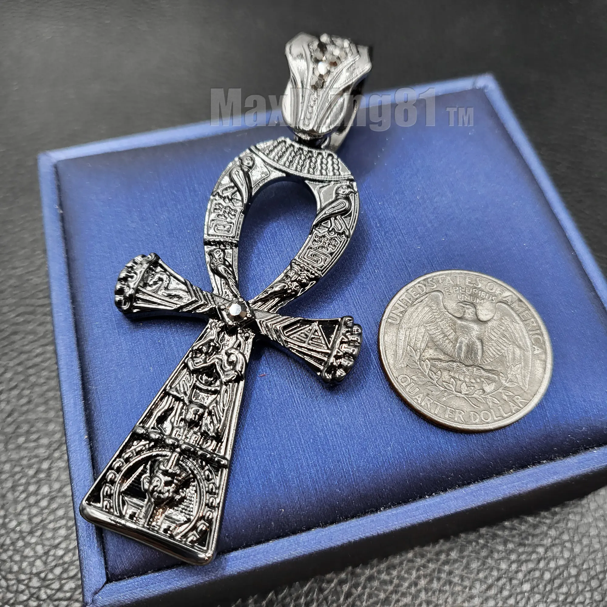 MaxBling81 King Tut Ankh Cross Pendant, Large Polished Charm with Hematite Metal Coating for Everyday Bold Style, Hip Hop Jewelry, Hematite Plated, Street, Casual, Polished Look, Unisex, Symbol Of Life, Hip-Hop Charms & Pendants