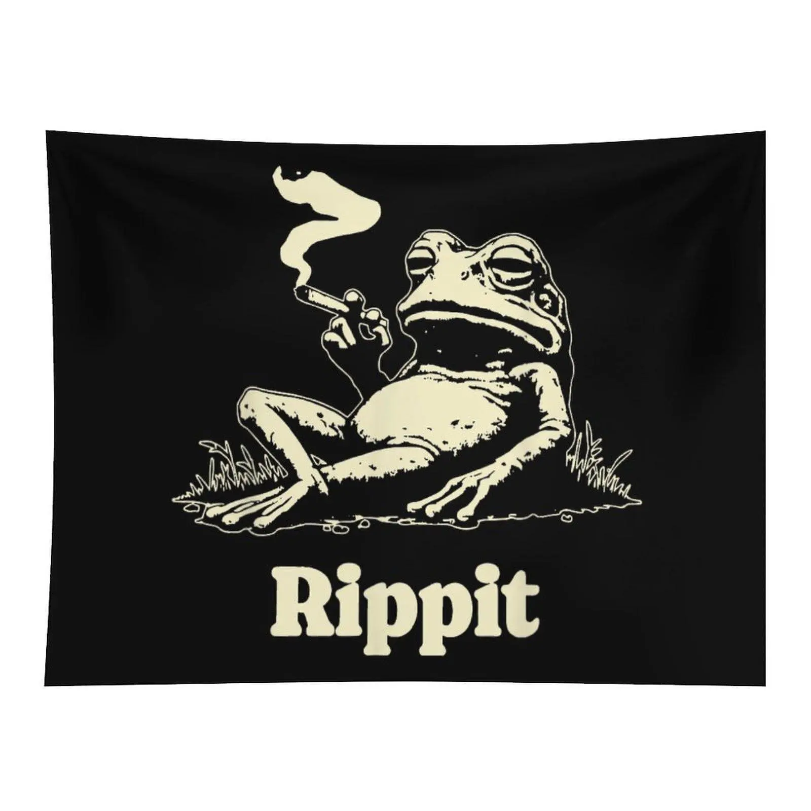 Black Background Retro Cream Vintage Line Art Lazy Frog Smoking Cigarette Rippit Funny Amphibian Meme Wall Tapestry For Cottagecore Indie Grunge Bedroom Decor