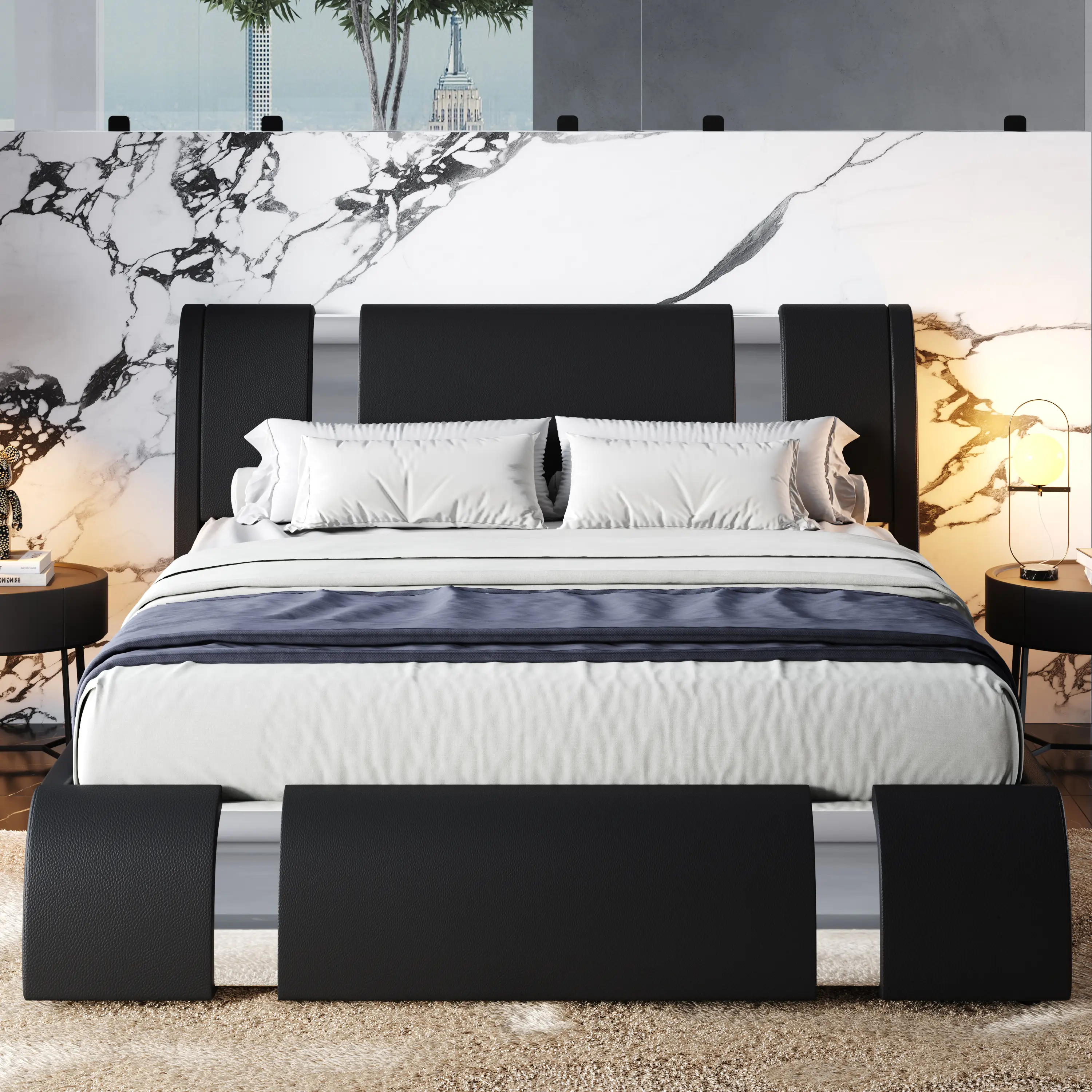 SHA CERLIN Bed Frame with Iron Pieces Decor and Adjustable Headboard【Frame Only No Mattress】Deluxe Upholstered Modern Platform Bed with Solid Wooden S