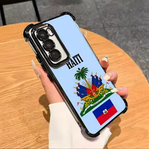 Haiti Flag pattern Design With Multi-Colored Border Suitable For Aesthetic Electroplated TPU Casing For SAMSUNG GALAXY S22 S23 S24 S25 Edge FE PLUS ULTRA Four Corners Anti-Fall Transparent Casual Soft Silicone Phone Cases High-end durable  L1726