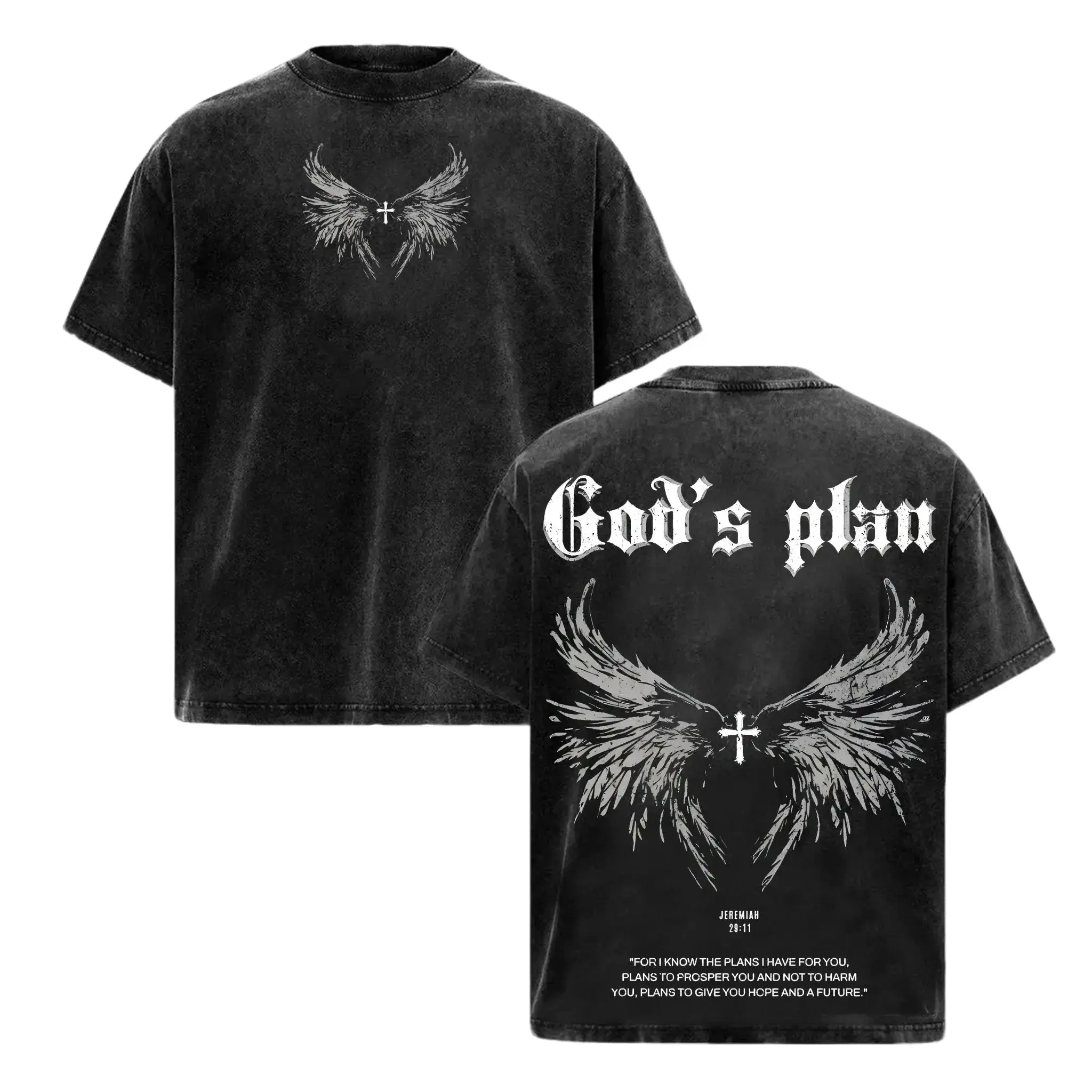 God Plan Jesus Wing Cross Vintage Washed Graphic Tee Christian Apparel Streetwear Oversized Gym Pump Cover Heavyweight Shirt Easter Faith Based Mens Womens Unisex Drop Shoulder Retro Acid Wash Aesthetic Grunge Alt Clothing Baggy Y2K Edgy Tops Cotton Fabri