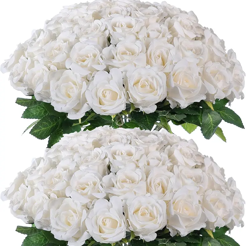 50 /100/200Pcs White Roses Artificial Flowers, Real Touch Velvet Roses Bouquet Fake Flowers Bulk, Artificial Roses with Long Stems for Birthday Gift Women Mom DIY Bridal Wedding Centerpiece Decorations