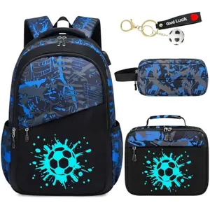 Glow in The Dark School Backpack for Boys - 4pcs Soocer Boys Backpack with Lunch Box Set and Usb Charging Port for Kids Teens Elementary Middle High School - 18" Large Capacity School Bookbag